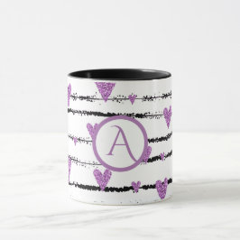 monogram Paarse harten witte zwarte strepen Mok