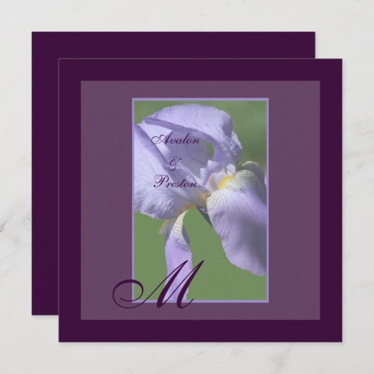 Monogram Paarse Iris Summer Wedding Uitnodiging (Voorkant / Achterkant)