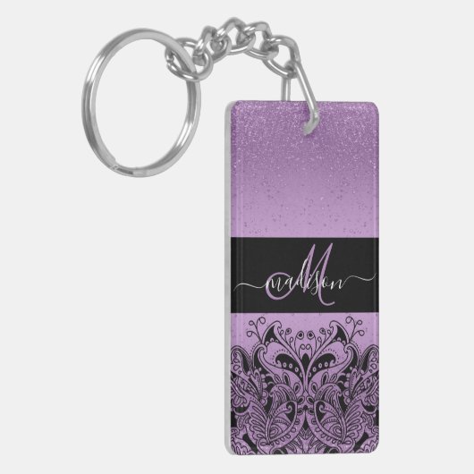 Monogram Paarse lavender Glitter Sleutelhanger (Voorkant Links)