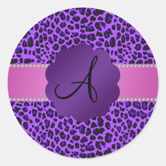 Monogram paarse luipaard print ronde sticker (Voorkant)