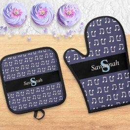 Monogram Paarse Muziekmotief Noten Ovenwant & Pannenlap Set
