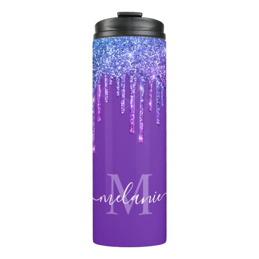 Monogram Paarse Ombre Rainbow Glitter Drip Thermosbeker (Voorkant)