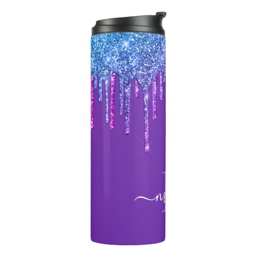 Monogram Paarse Ombre Rainbow Glitter Drip Thermosbeker (Gedraaid links)