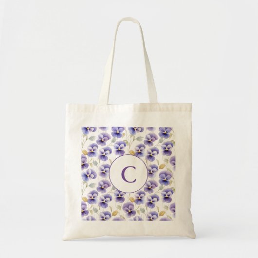 Monogram Paarse Pansy bloempatroon Waterverf Tote Bag (Voorkant)
