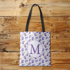 Monogram Paarse Pansy bloempatroon Waterverf Tote Bag