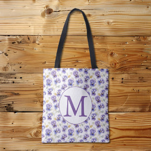 Monogram Paarse Pansy bloempatroon Waterverf Tote Bag