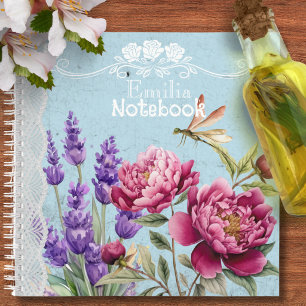Monogram Paarse Pioenrozen tuin Blauwe Kant Notitieboek
