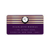 Monogram Paarse Plum Faux Gold RSVP Stripes Etiket (Voorkant)