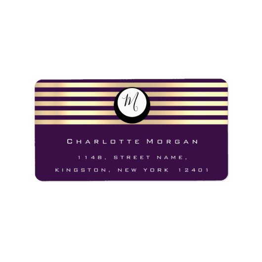 Monogram Paarse Plum Faux Gold RSVP Stripes Etiket (Voorkant)