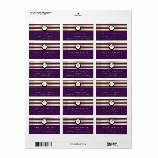Monogram Paarse Plum Faux Gold RSVP Stripes Etiket (Full Sheet)