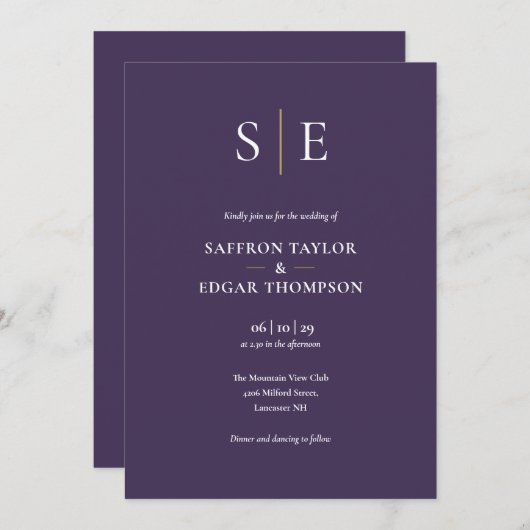 Monogram Paarse QR-code bruiloft Kaart (Voorkant / Achterkant)