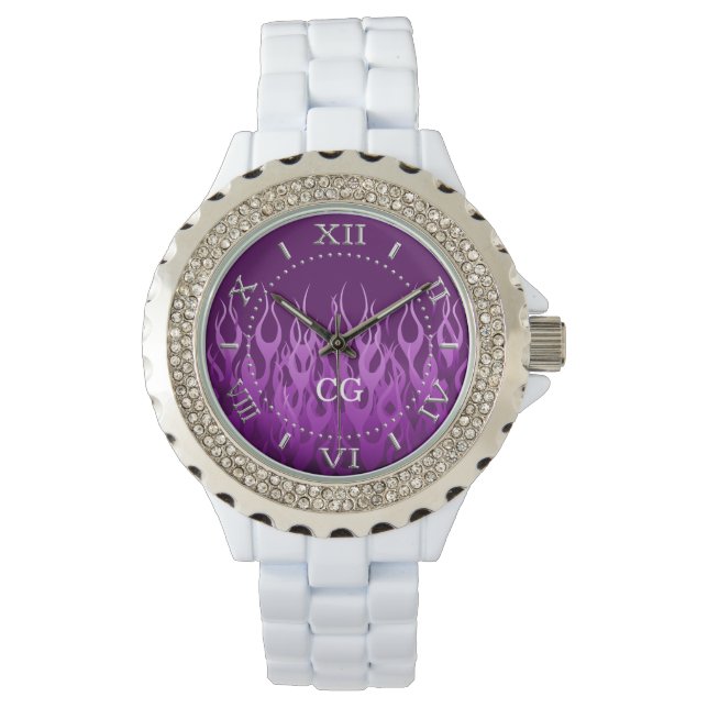 Monogram Paarse Racing Vlammen Horloge (Voorkant)