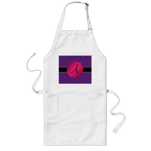 Monogram paarse retro bloemen en cirkels lang schort (Voorkant)