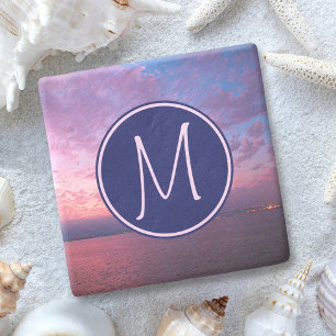 Monogram Paarse Roze Blauw Californië Ocean Sunset Stenen Onderzetter