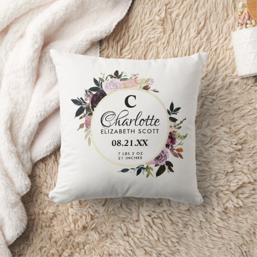 Monogram Paarse Roze Bloemen Geboortestatus Kussen (Deken)