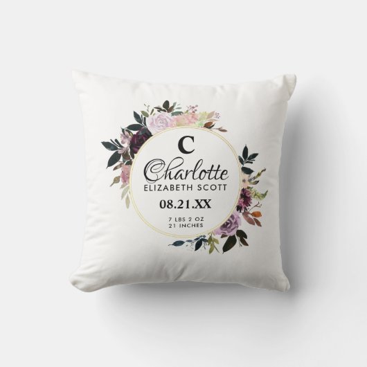 Monogram Paarse Roze Bloemen Geboortestatus Kussen (Voorkant)