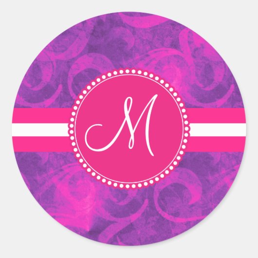 Monogram Paarse Roze Bloemenwerveling Bloeipatroon Ronde Sticker (Voorkant)