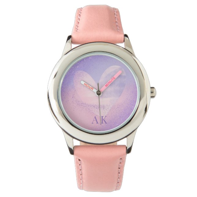 Monogram Paarse Roze Gradiënt Hart Horloge (Voorkant)