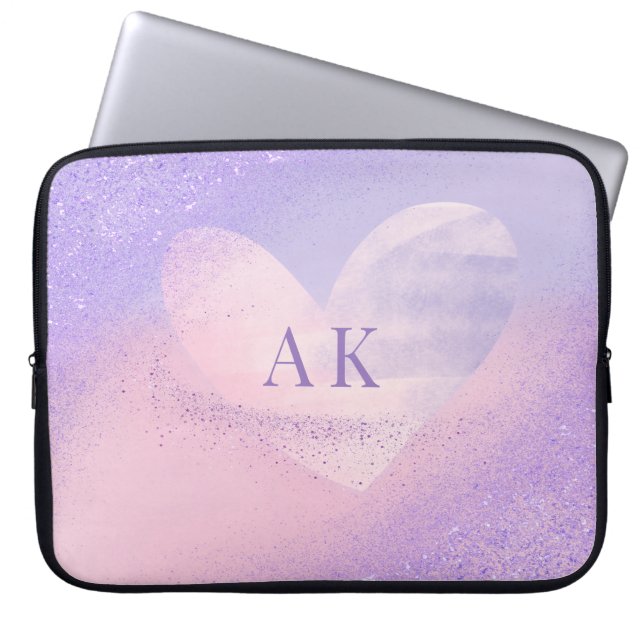 Monogram Paarse Roze Gradiënt Hart Laptop Mouw Laptop Sleeve (Voorkant)