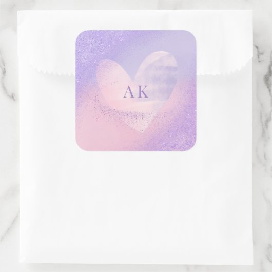 Monogram Paarse Roze Gradiënt Hart Vierkante Sticker (Tas)