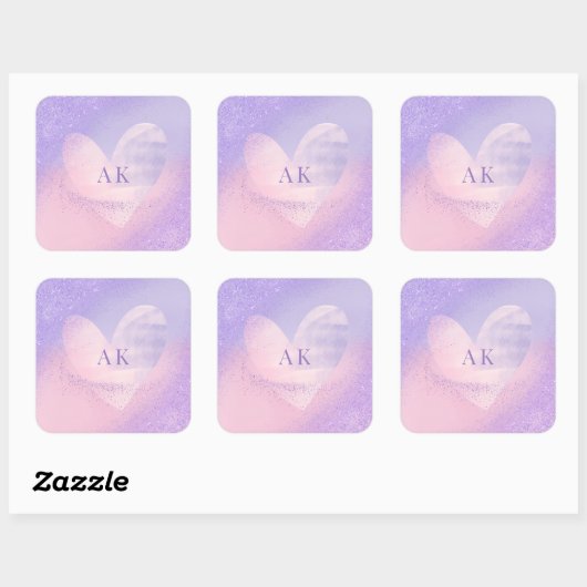 Monogram Paarse Roze Gradiënt Hart Vierkante Sticker (Vel)