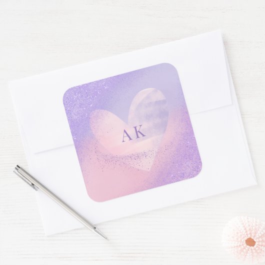 Monogram Paarse Roze Gradiënt Hart Vierkante Sticker (Envelop)