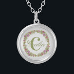 Monogram Paarse Roze Groene Bloemen Gift Haar Zilver Vergulden Ketting<br><div class="desc">Pas dit Ronde Zilveren Ketting met uw familienaam of voornaam en uw initiaal aan. U kunt de doopvont of de kleur van de tekst veranderen.</div>