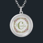Monogram Paarse Roze Groene Bloemen Gift Haar Zilver Vergulden Ketting<br><div class="desc">Pas dit Ronde Zilveren Ketting met uw familienaam of voornaam en uw initiaal aan. U kunt de doopvont of de kleur van de tekst veranderen.</div>
