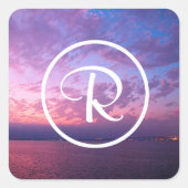 Monogram paarse roze oceaan zonsondergang fotograf vierkante sticker (Voorkant)