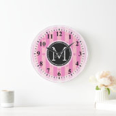 Monogram Paarse roze stripes Modern Heart Patroon Grote Klok (Huis)