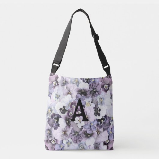 Monogram Paarse roze witte pansies tekening Crossbody Tas (Voorkant)