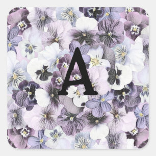 Monogram Paarse roze witte pansies  tekening Vierkante Sticker