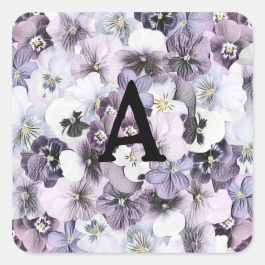 Monogram Paarse roze witte pansies tekening Vierkante Sticker (Voorkant)