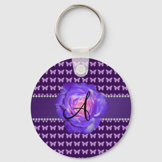 Monogram paarse rozen vlinders sleutelhanger (Voorkant)