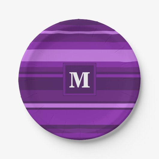Monogram paarse strepen papieren bordje (Voorkant)