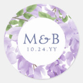 Monogram Paarse Waterverf Wisteria Bloemenbruiloft Ronde Sticker (Voorkant)