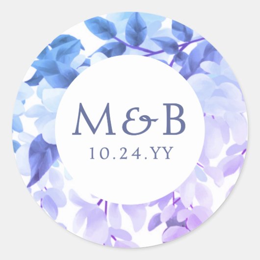 Monogram Paarse Waterverf Wisteria Bloemenbruiloft Ronde Sticker (Voorkant)