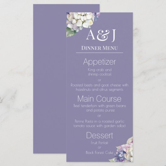 Monogram Paarse & Witte Hortensia's op Lavendel Menu (Voorkant / Achterkant)