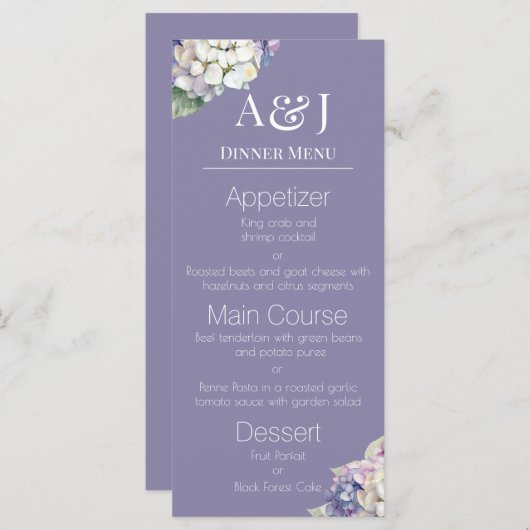 Monogram Paarse & Witte Hydrangeas op Lavendel Menu (Voorkant / Achterkant)