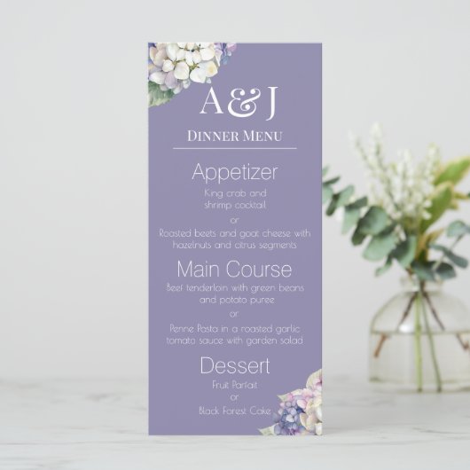 Monogram Paarse & Witte Hydrangeas op Lavendel Menu (Staand voorkant)