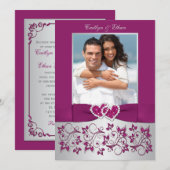 Monogram Paarse zilveren bloemfoto bruiloft uitnod Kaart (Voorkant / Achterkant)