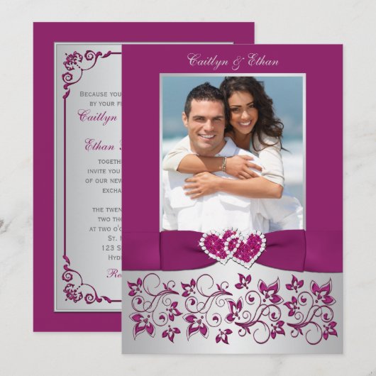 Monogram Paarse zilveren bloemfoto bruiloft uitnod Kaart (Voorkant / Achterkant)