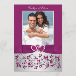 Monogram Paarse zilveren bloemfoto bruiloft uitnod Kaart