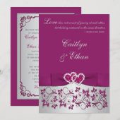 Monogram Paarse, zilveren bloemige bruiloft uitnod Kaart (Voorkant / Achterkant)