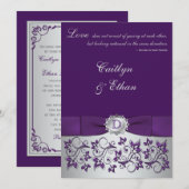 Monogram Paarse, zilveren bloemige bruiloft uitnod Kaart (Voorkant / Achterkant)