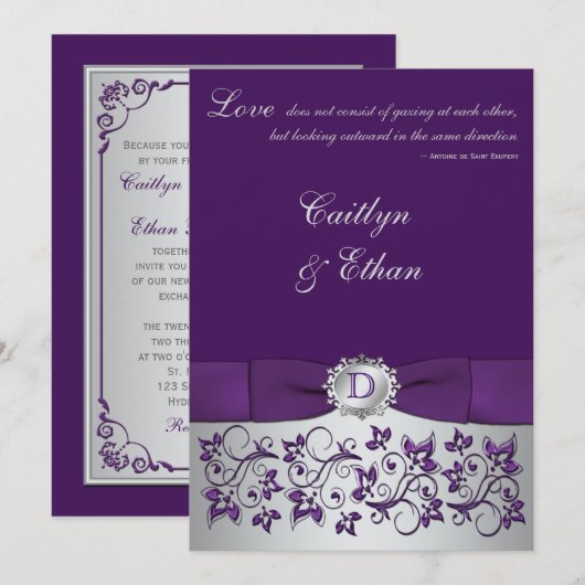 Monogram Paarse, zilveren bloemige bruiloft uitnod Kaart (Voorkant / Achterkant)