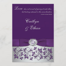 Monogram Paarse, zilveren bloemige bruiloft uitnod
