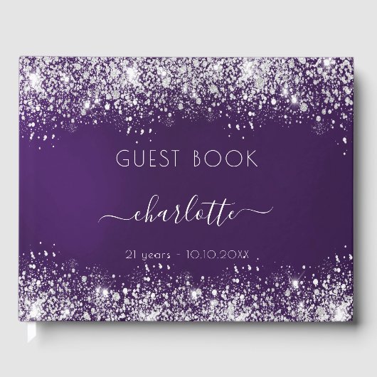 Monogram paarse zilverglitter gastenboek (Voorkant)