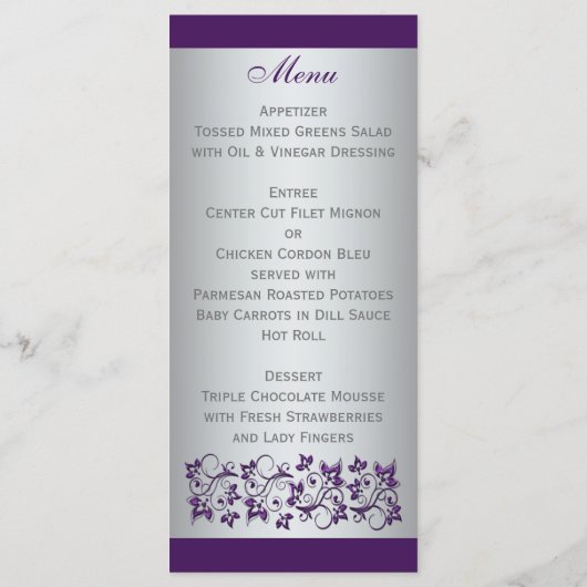 Monogram Paarse, zilvergrijze bloemen Menu Kaart (Achterkant)