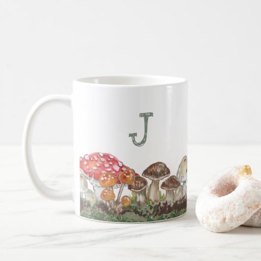 Monogram paddenstoel Art Herfst Natuur Tan Sage Ru Koffiemok (Met donut)